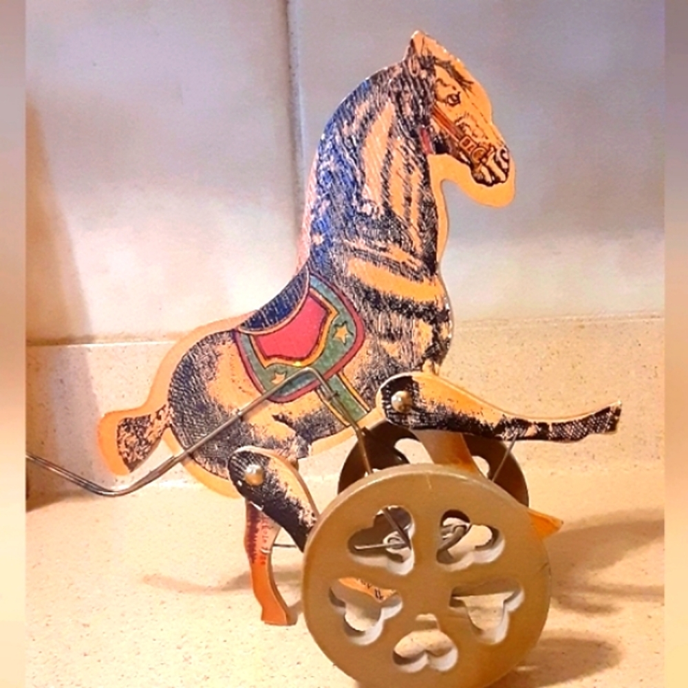 Louis Nichole Vintage Litho Wooden Walking Horse Figurine Push Toy Listing